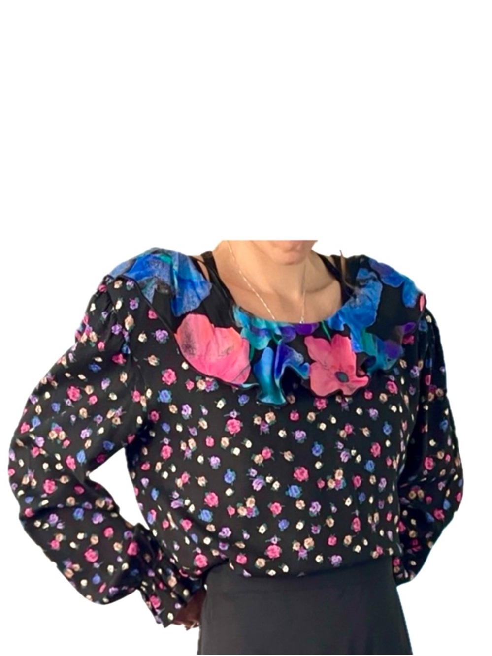 Vintage 90s Rare Suttles & Seawinds Multi Floral on Black• Ruffle Collar Blouse